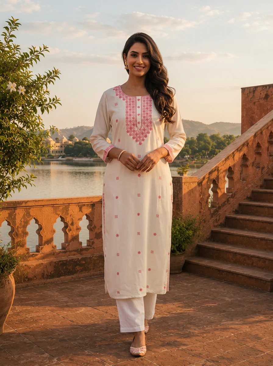 Baby Pink Rayon Geometric Embroidered Kurta
