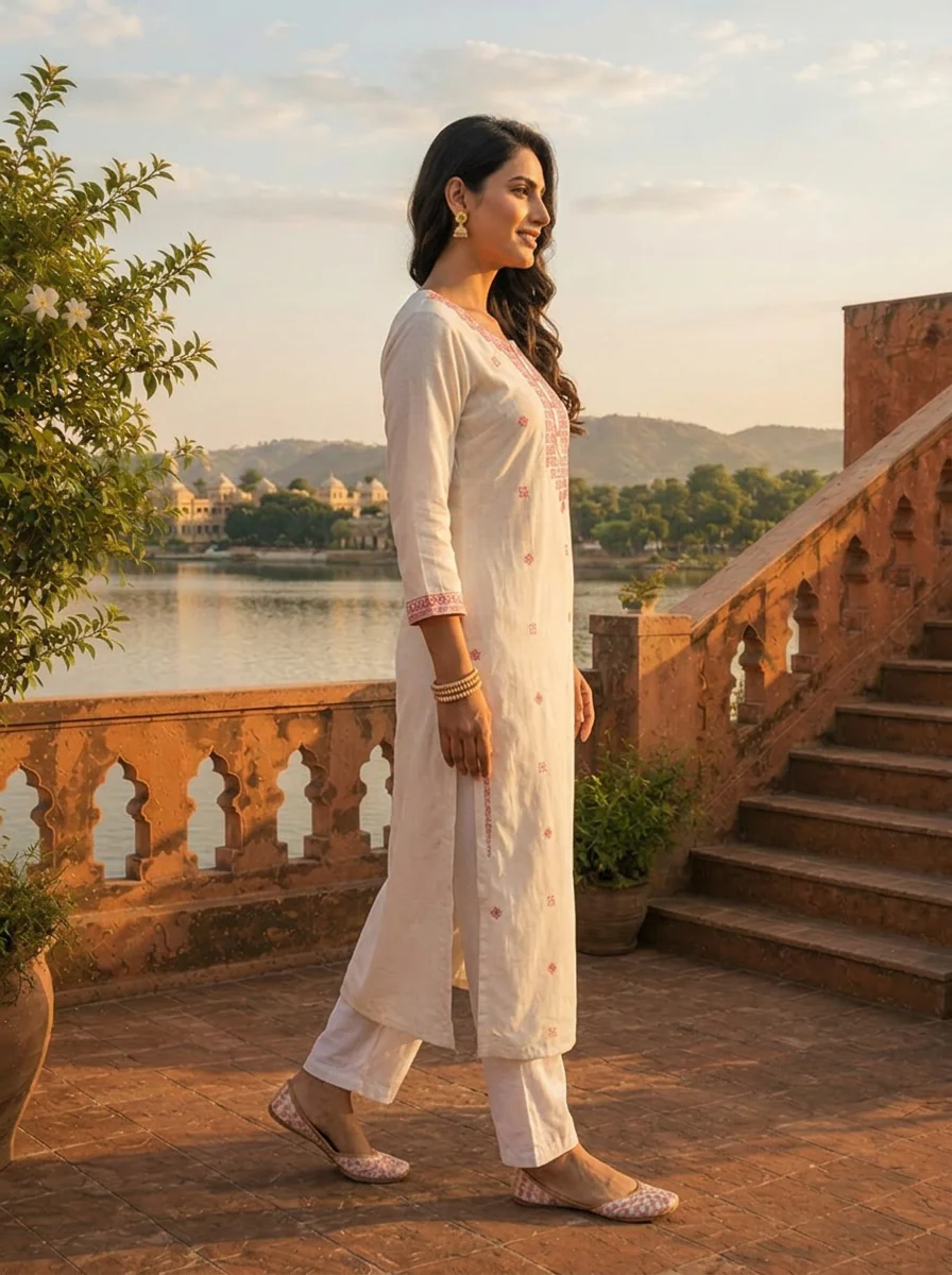 Baby Pink Rayon Geometric Embroidered Kurta - Image 3