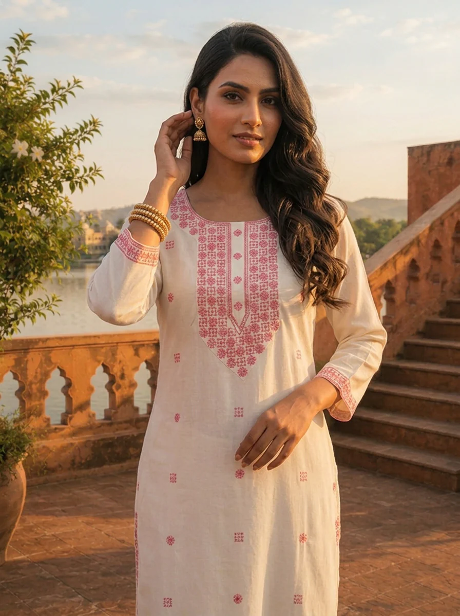 Baby Pink Rayon Geometric Embroidered Kurta - Image 4