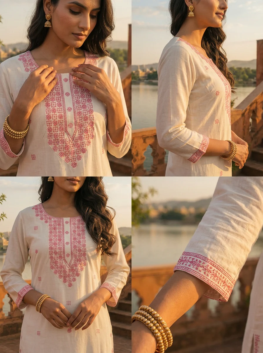 Baby Pink Rayon Geometric Embroidered Kurta - Image 5
