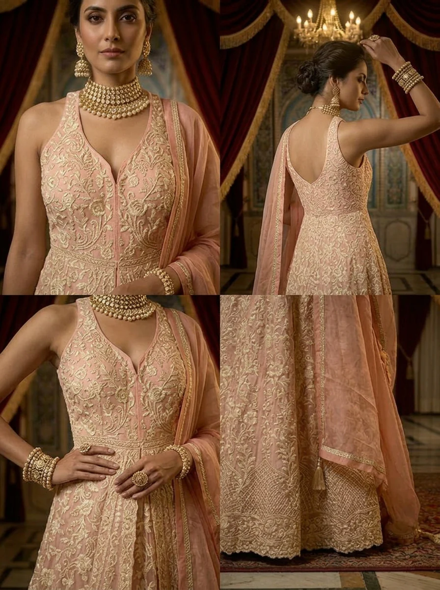 Baby Pink Silk Heavy Floral Embroidery Three Piece Set - Image 3