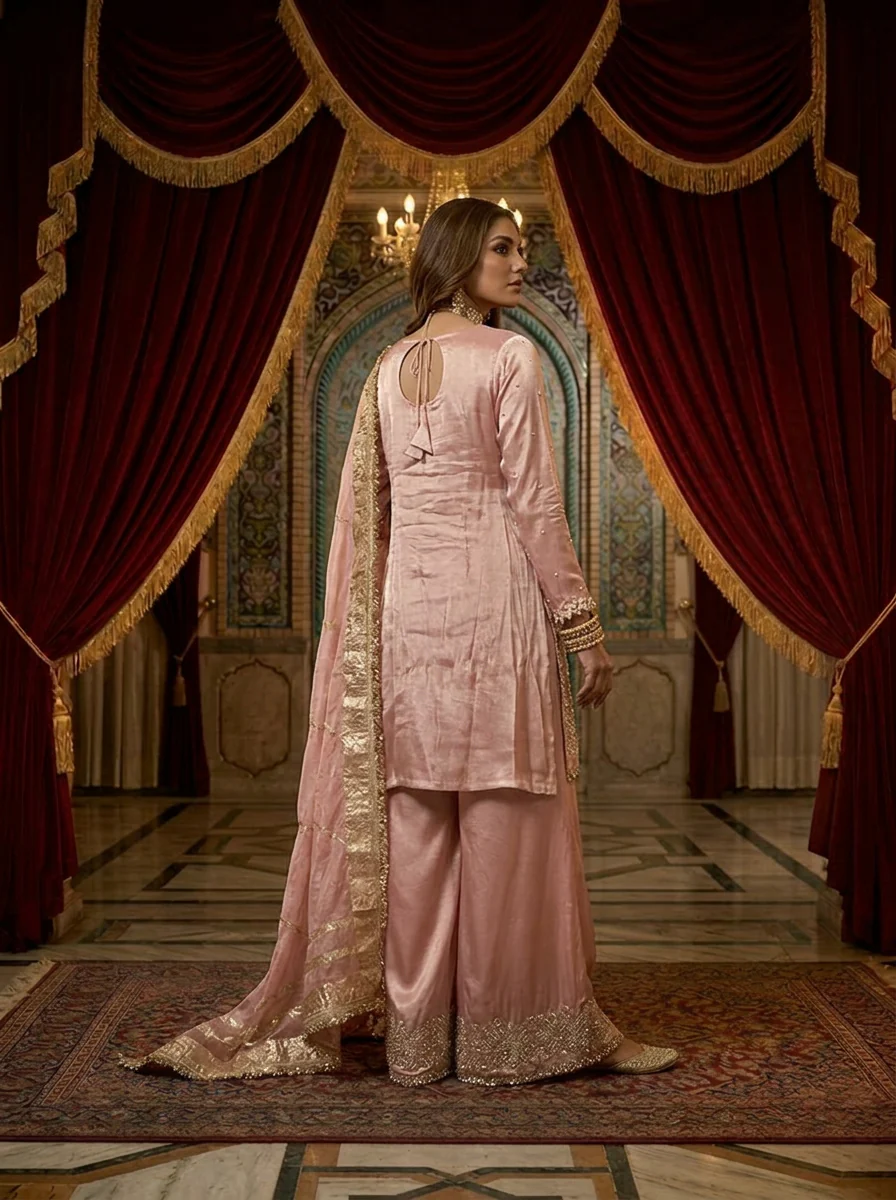Baby Pink Tissue Beads Embroidery Palazzo Set With Dupatta - Image 2
