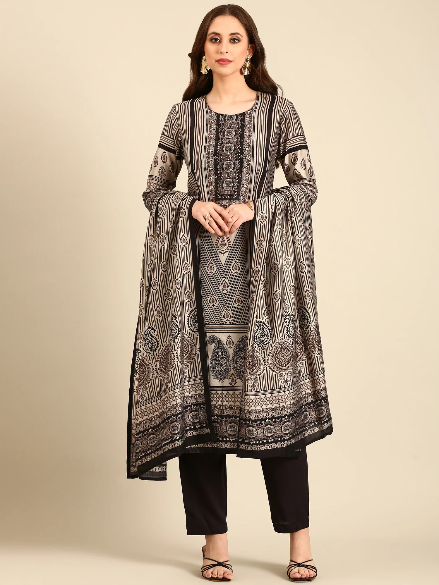 Beige and black printed embroidered three piece suit set