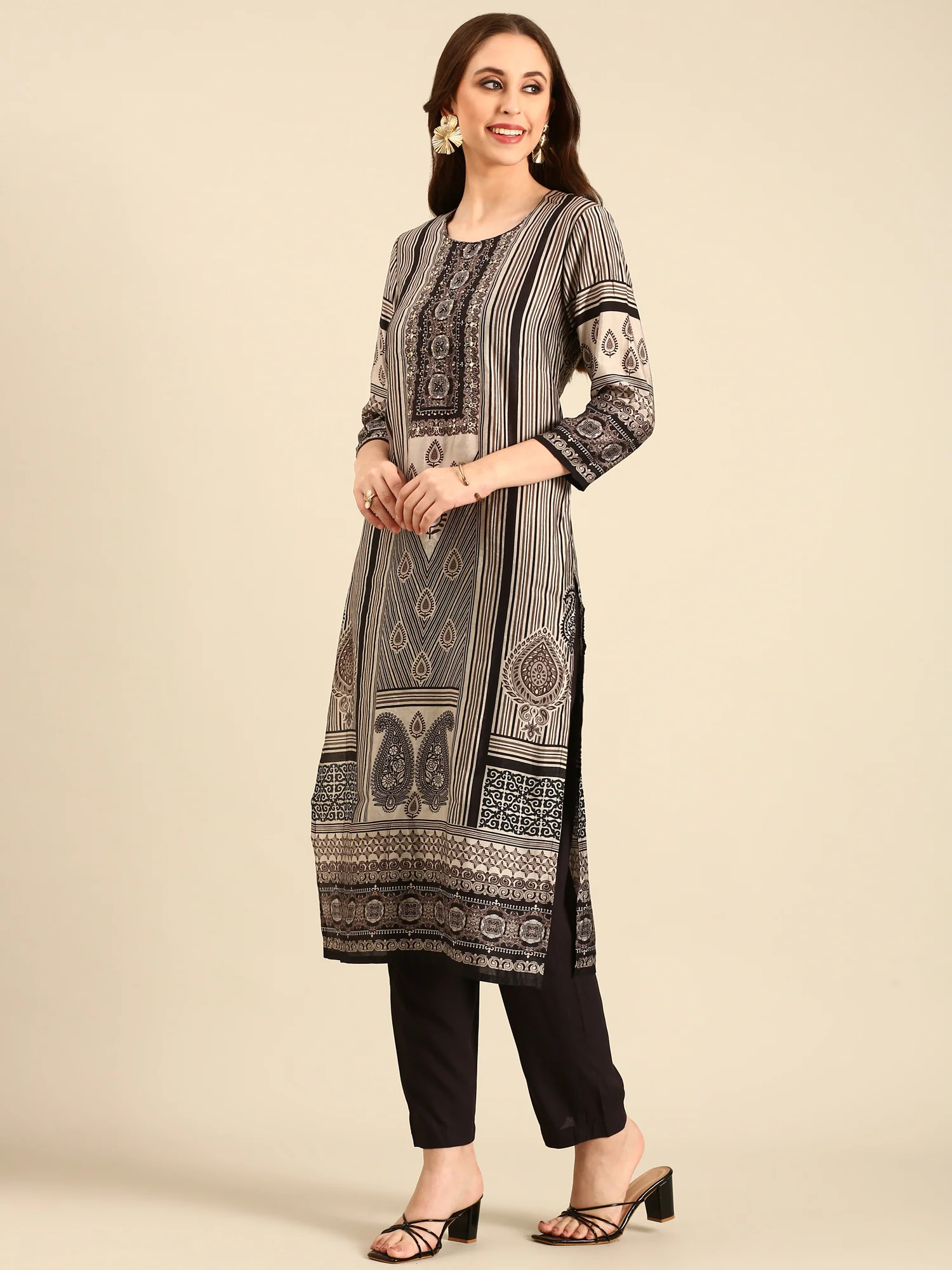 Beige and black printed embroidered three piece suit set - Image 2