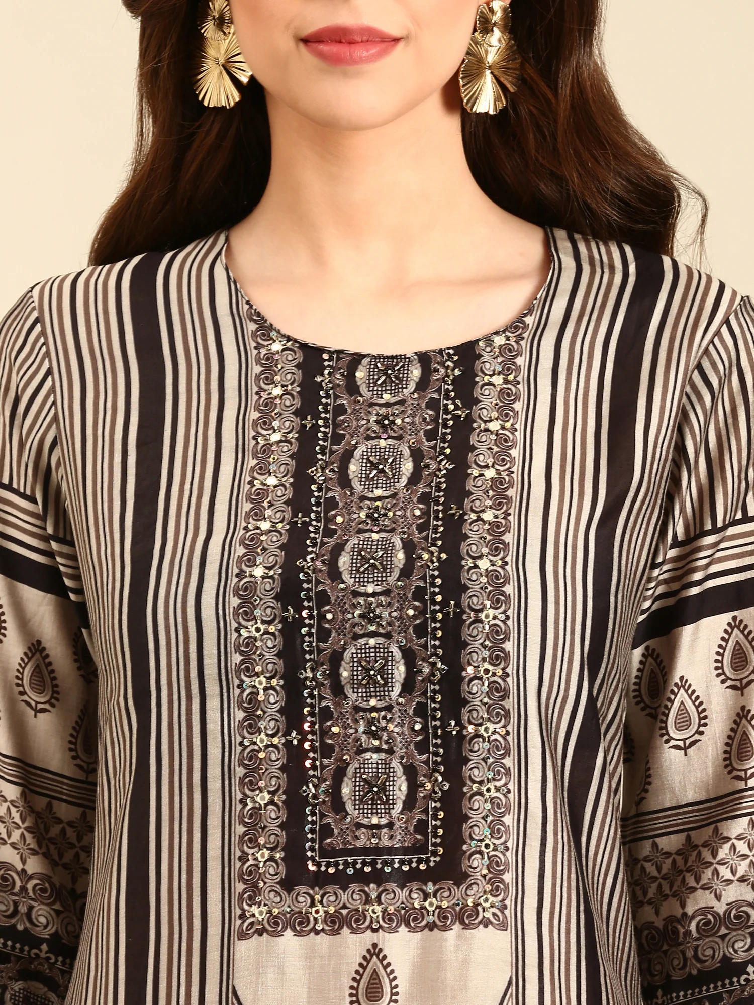 Beige and black printed embroidered three piece suit set - Image 4