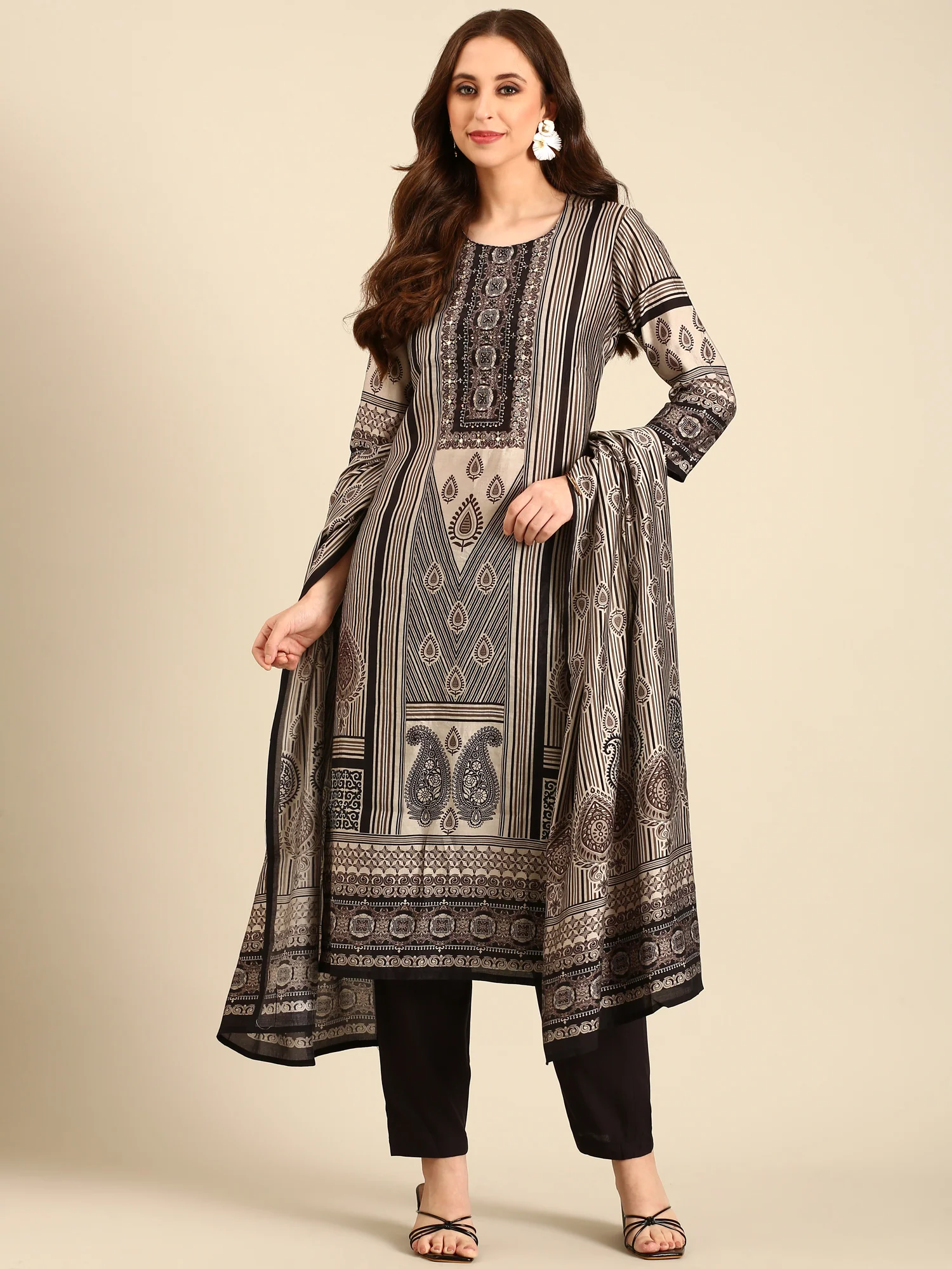 Beige and black printed embroidered three piece suit set - Image 5