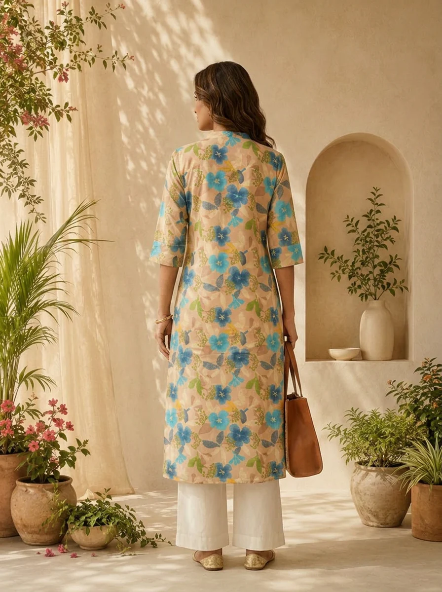 Beige And Ferozi Heavy Floral Printed Silk Kurta - Image 3