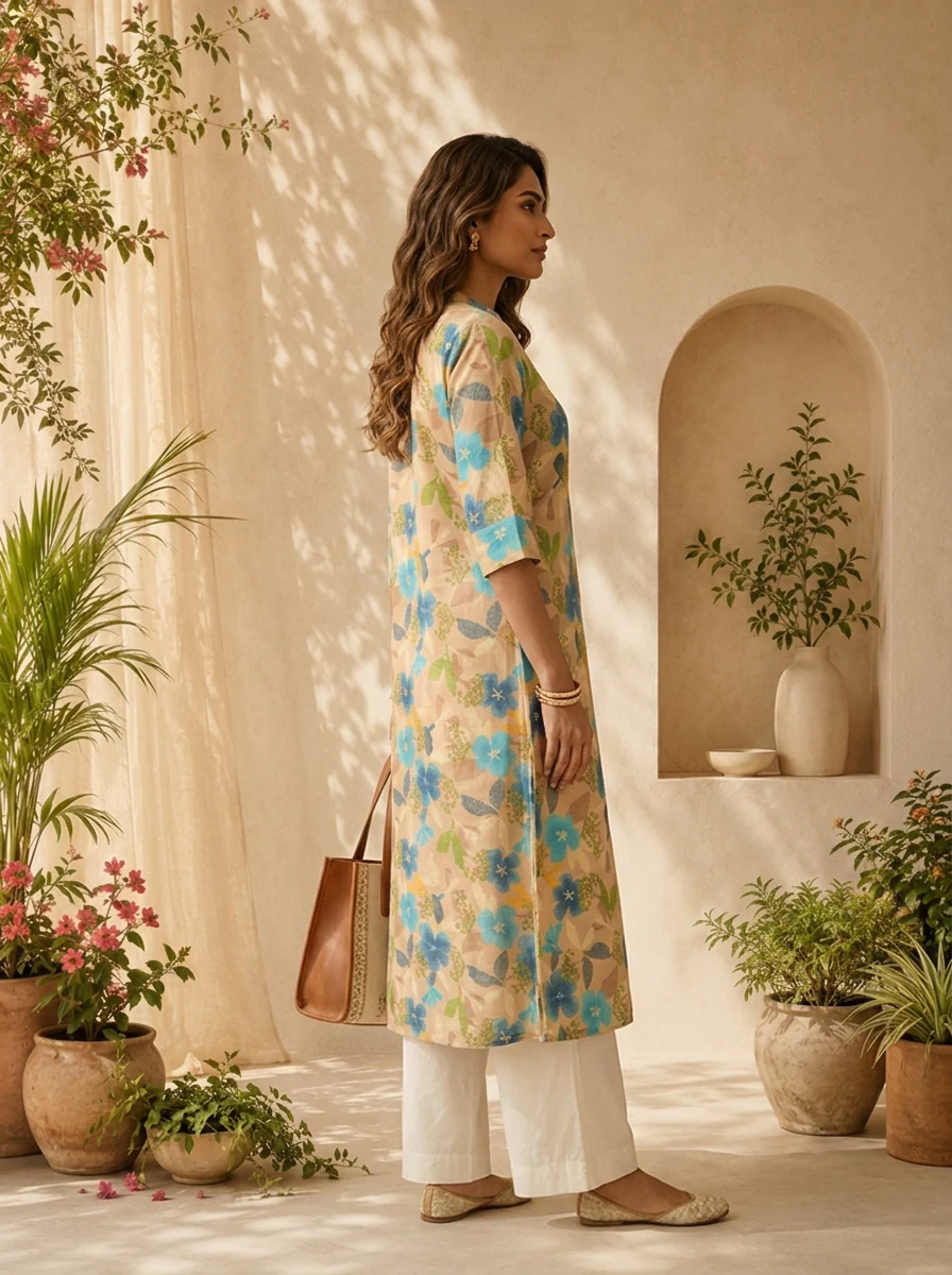 Beige And Ferozi Heavy Floral Printed Silk Kurta - Image 4
