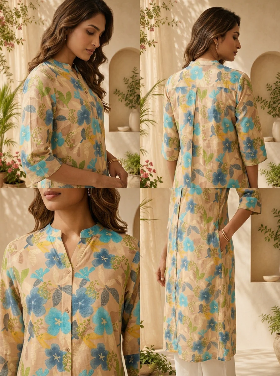 Beige And Ferozi Heavy Floral Printed Silk Kurta - Image 5