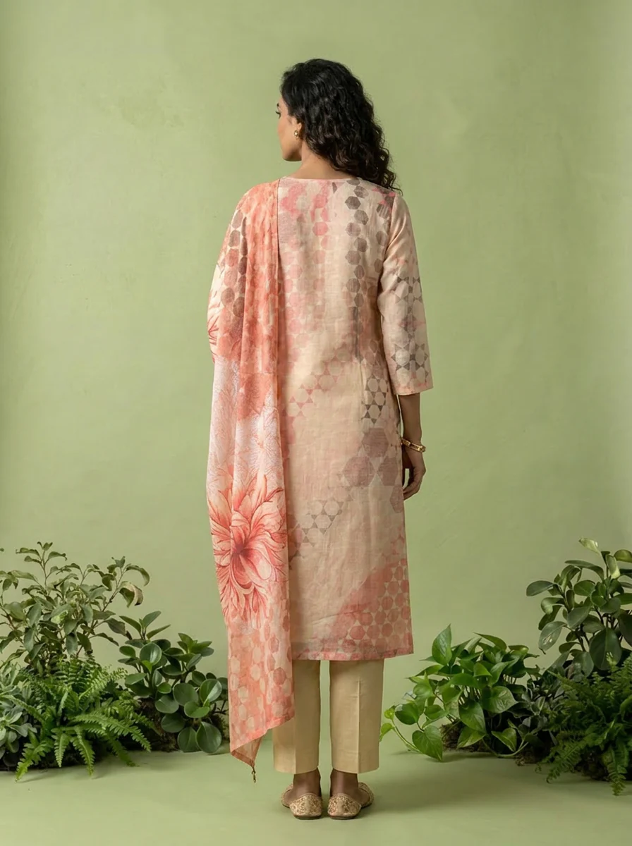 Beige And Peach Chanderi Three Piece Set With Floral Printed Dupatta - Image 3