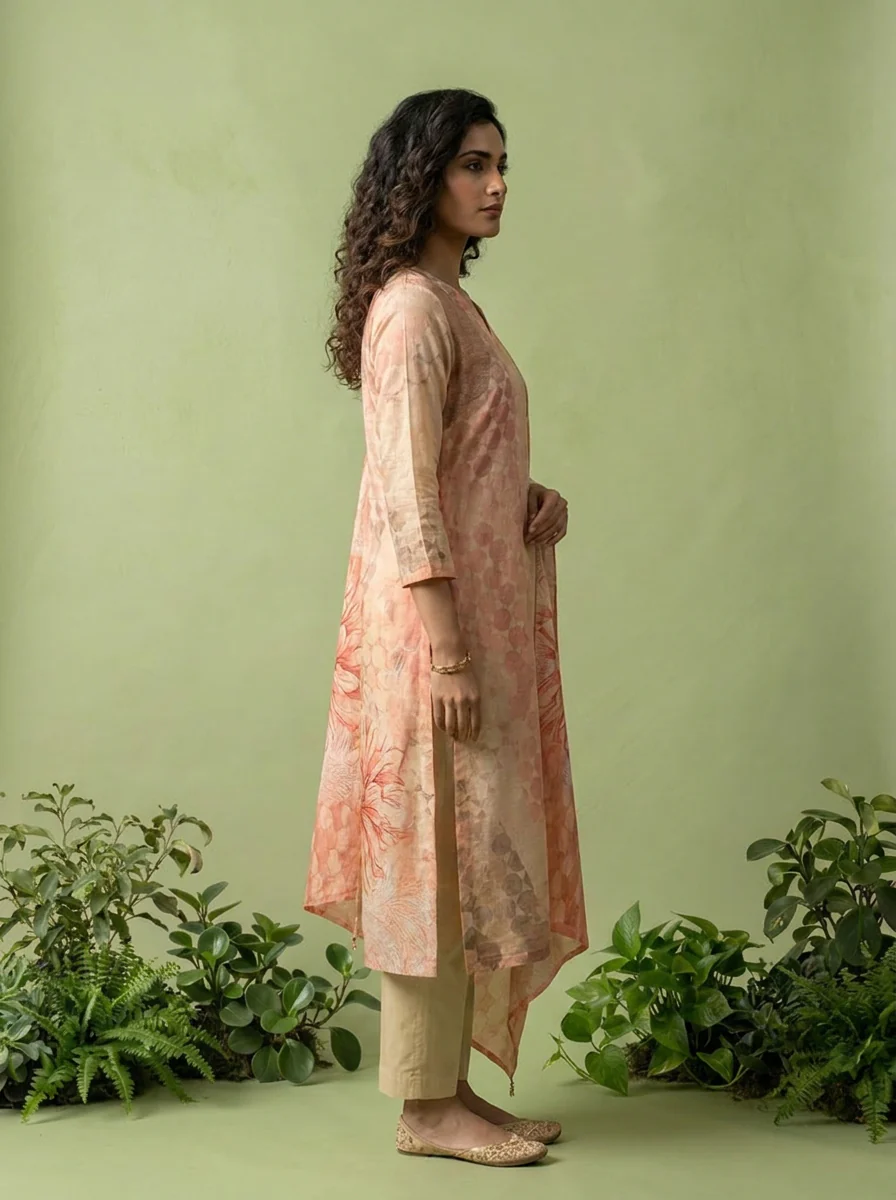 Beige And Peach Chanderi Three Piece Set With Floral Printed Dupatta - Image 4