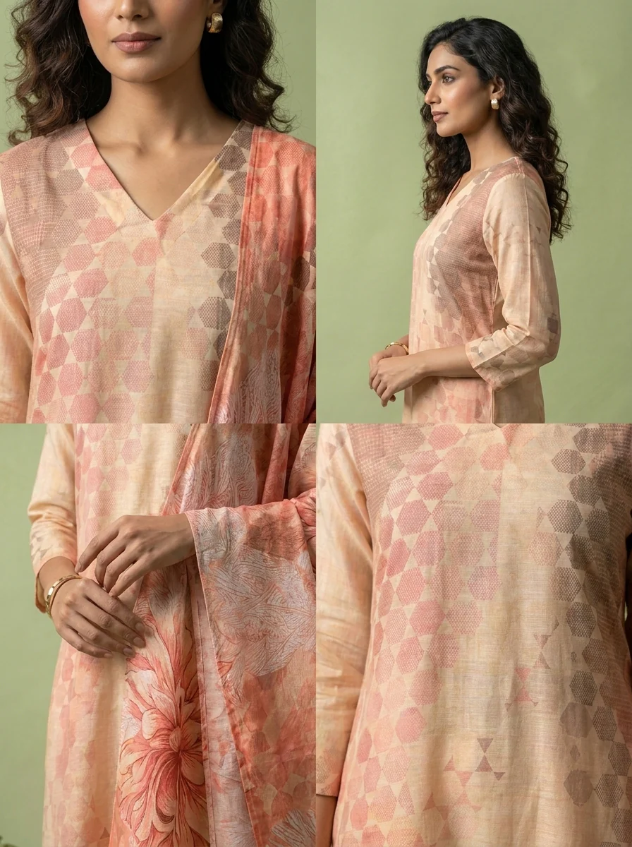 Beige And Peach Chanderi Three Piece Set With Floral Printed Dupatta - Image 5