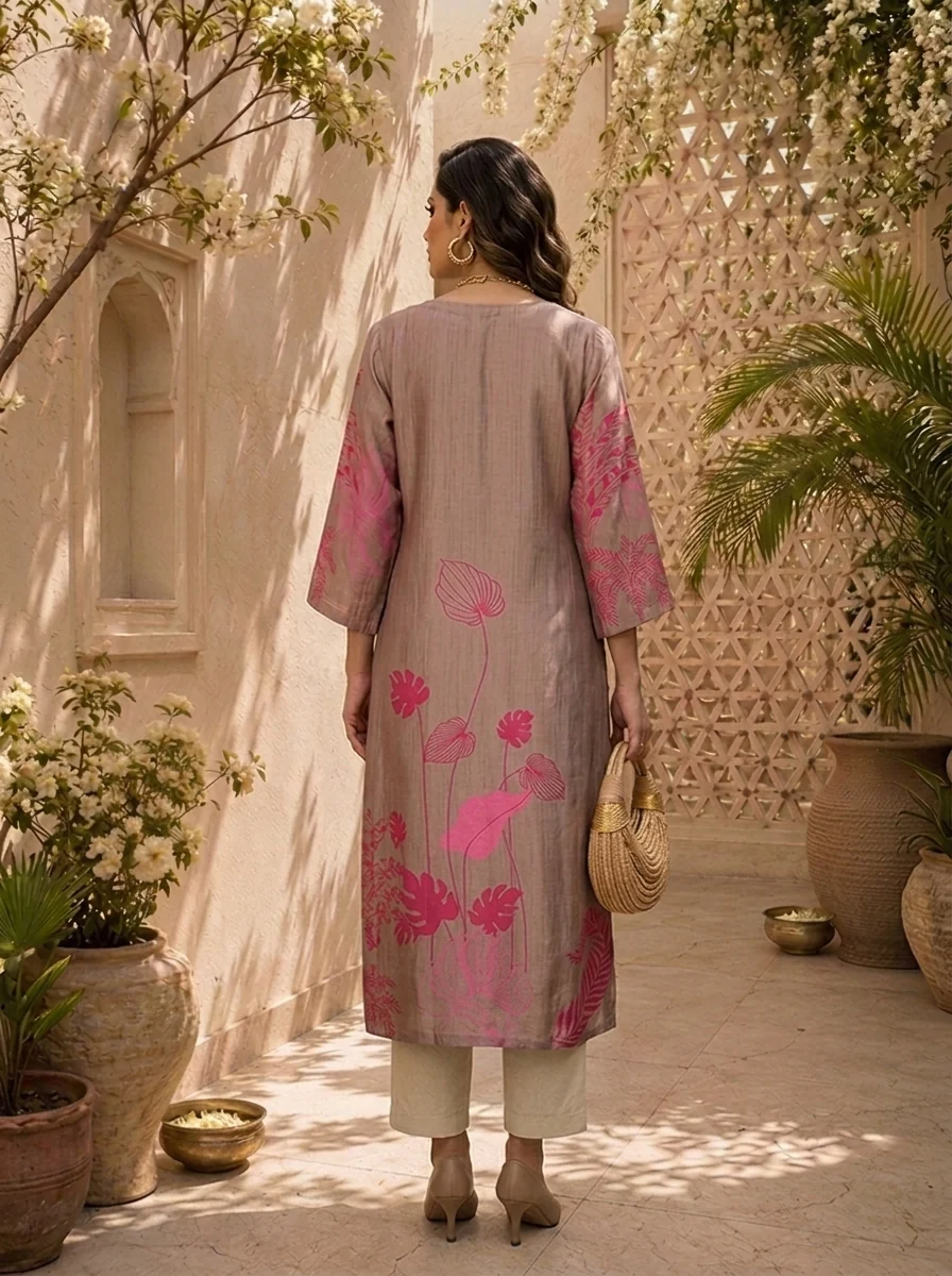 Beige And Pink Linen Floral Printed Kurta - Image 2
