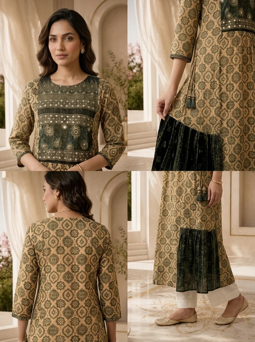 Beige & Black Chinon Traditional Motif Printed Straight Kurta - Image 5