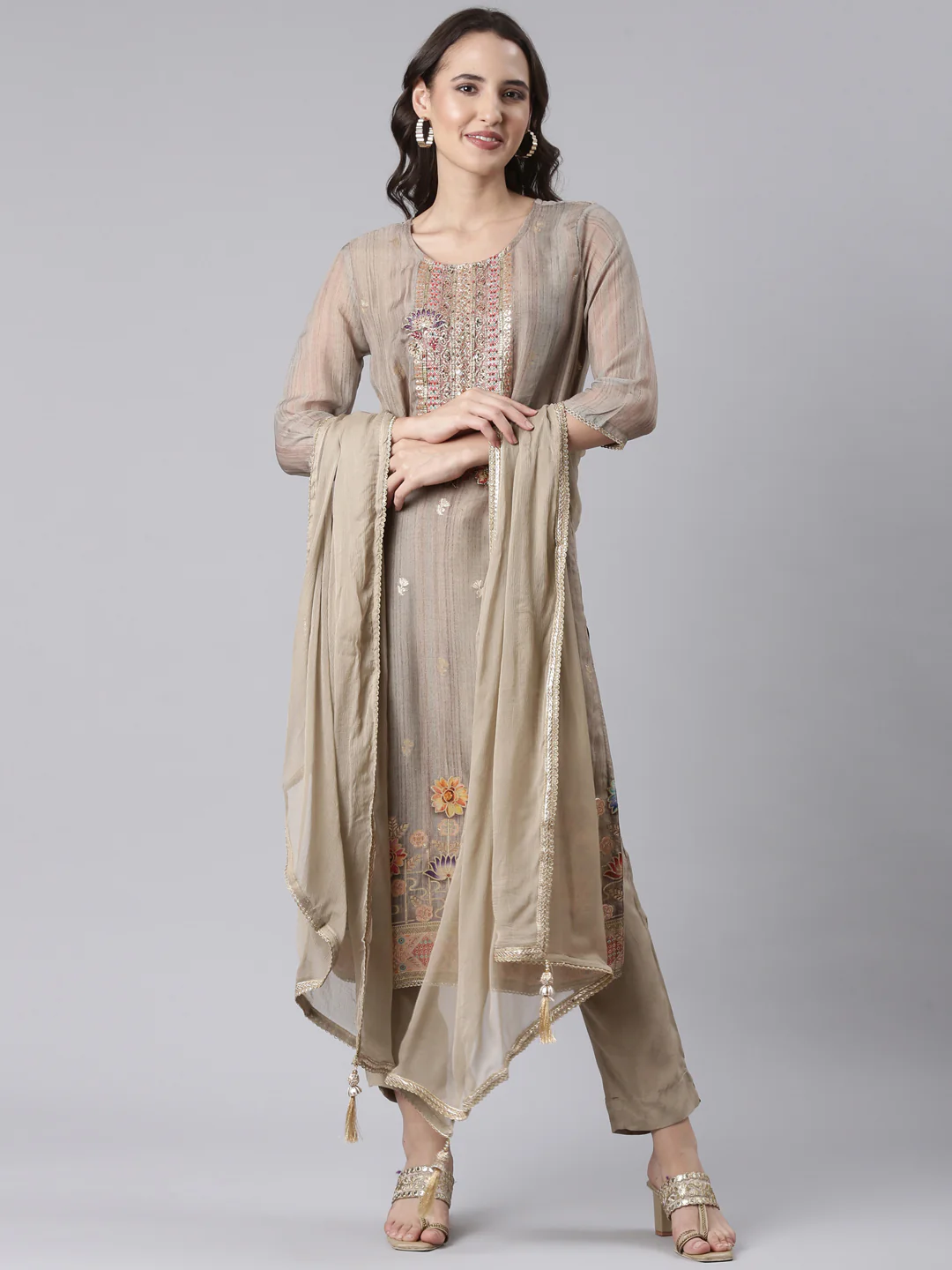 Beige Chanderi Hand Work Three Piece Set