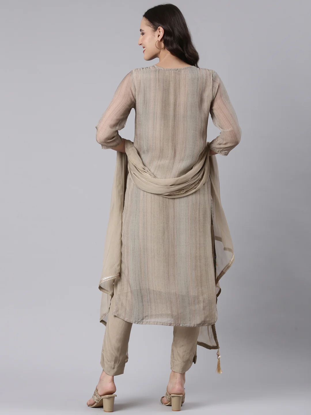 Beige Chanderi Hand Work Three Piece Set - Image 3