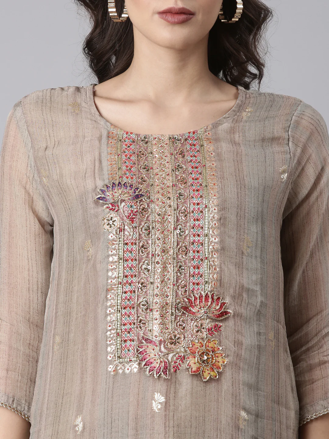Beige Chanderi Hand Work Three Piece Set - Image 4