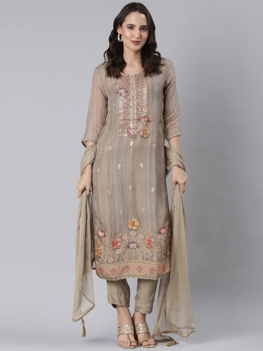 Beige Chanderi Hand Work Three Piece Set - Image 5
