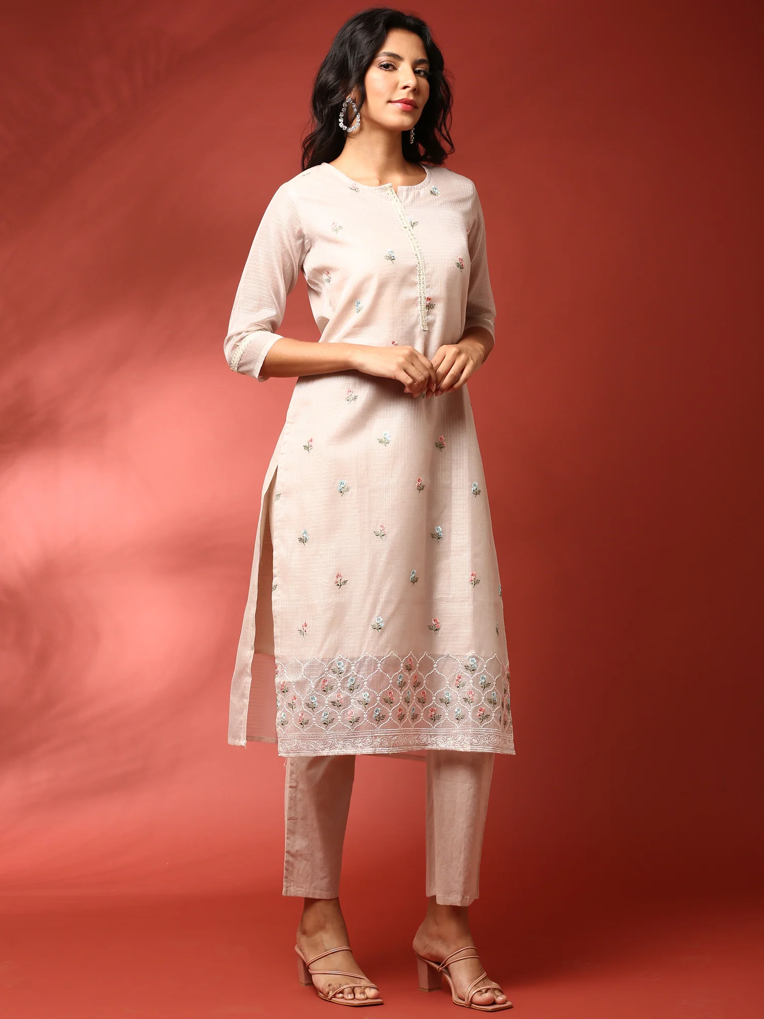 Beige chanderi thread work embroidery three piece suit set - Image 2
