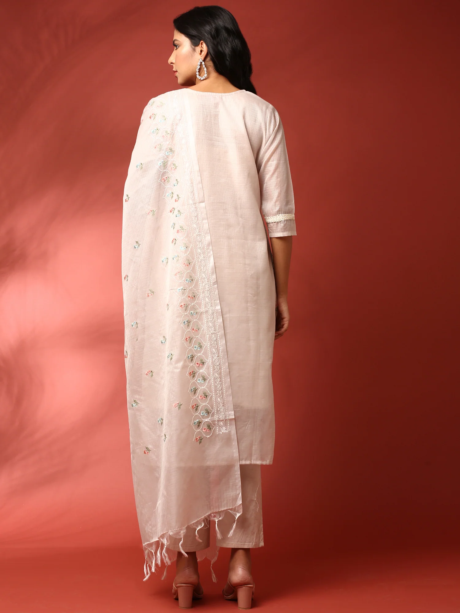 Beige chanderi thread work embroidery three piece suit set - Image 3