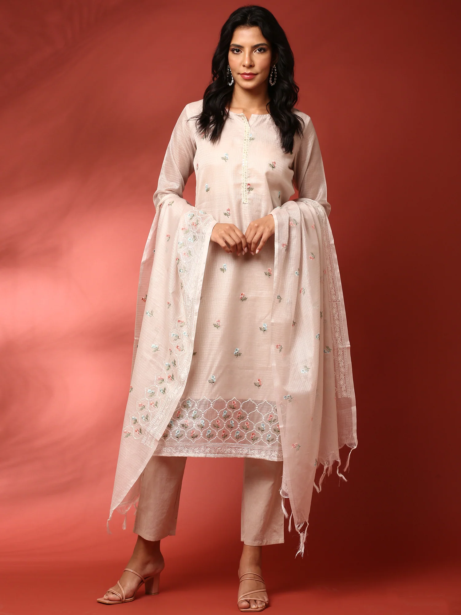 Beige chanderi thread work embroidery three piece suit set - Image 5