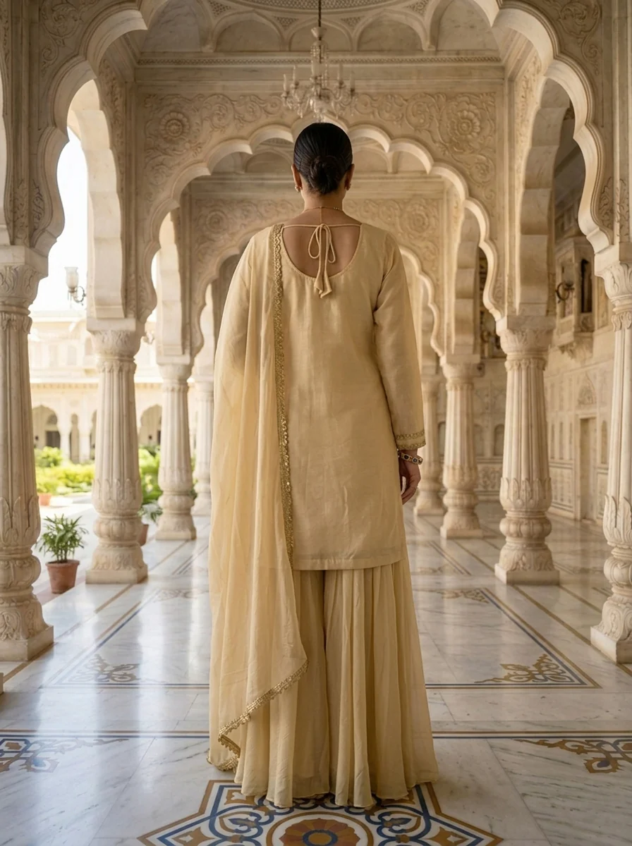 Beige Chinon Heavy Beads And Sequins Embroidered Three Piece Set - Image 3