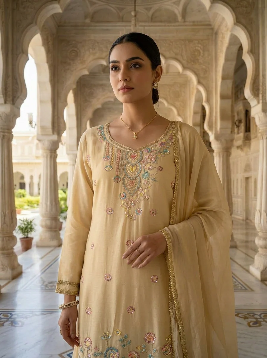 Beige Chinon Heavy Beads And Sequins Embroidered Three Piece Set - Image 4