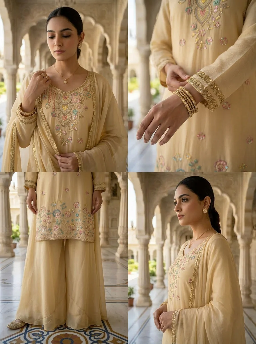 Beige Chinon Heavy Beads And Sequins Embroidered Three Piece Set - Image 5