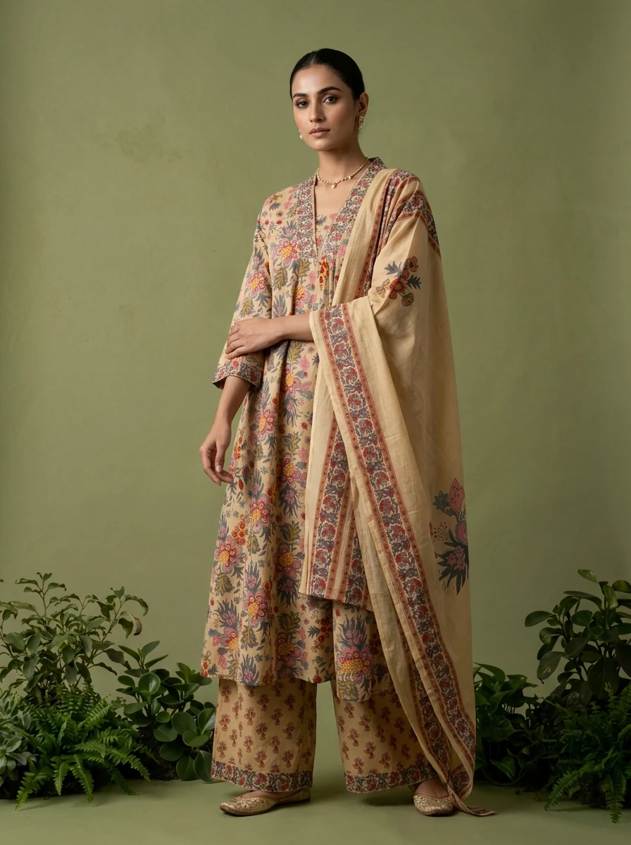 Beige Cotton Floral Printed Three Piece Set - Image 2