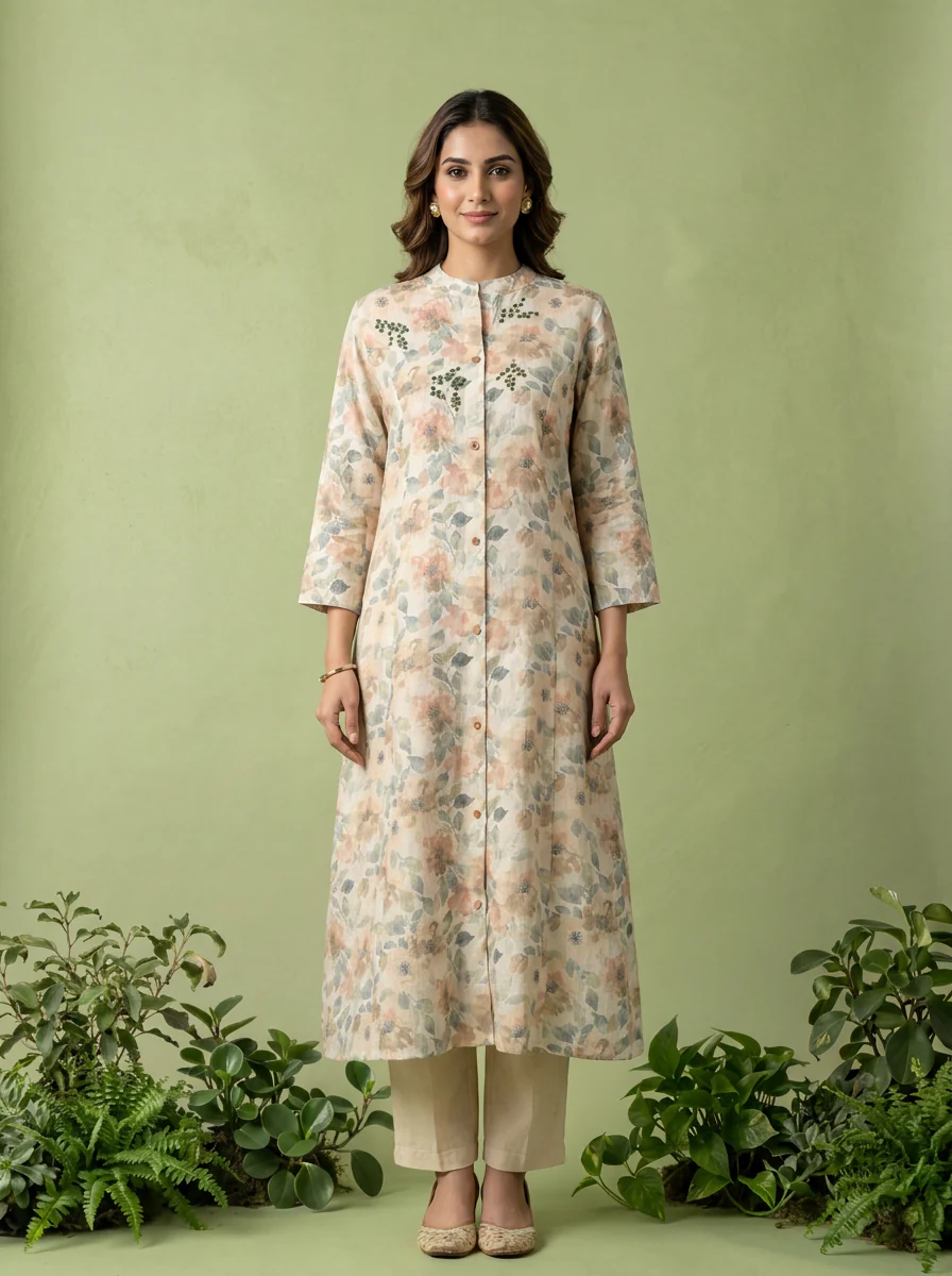 Beige Floral Printed And Mirror Embroidered Linen Two Piece Set - Image 2