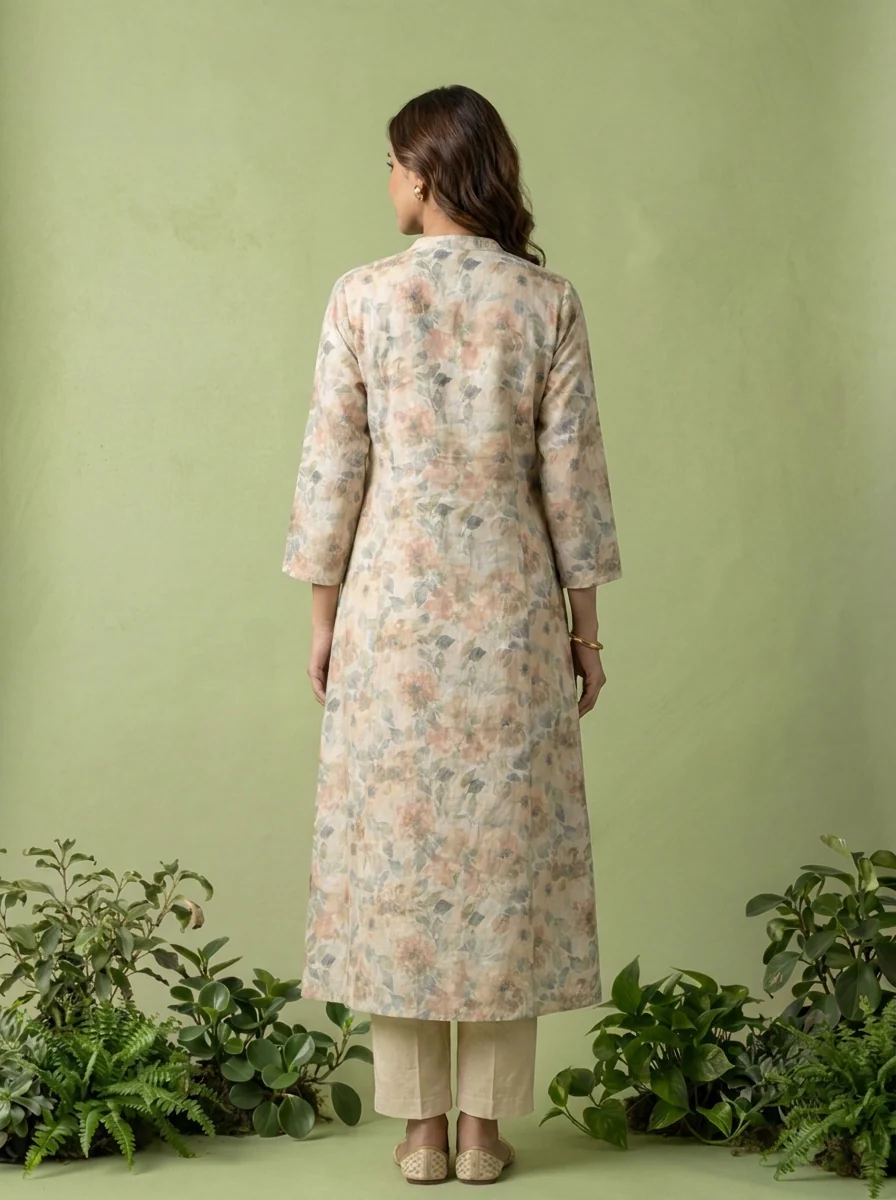 Beige Floral Printed And Mirror Embroidered Linen Two Piece Set - Image 3