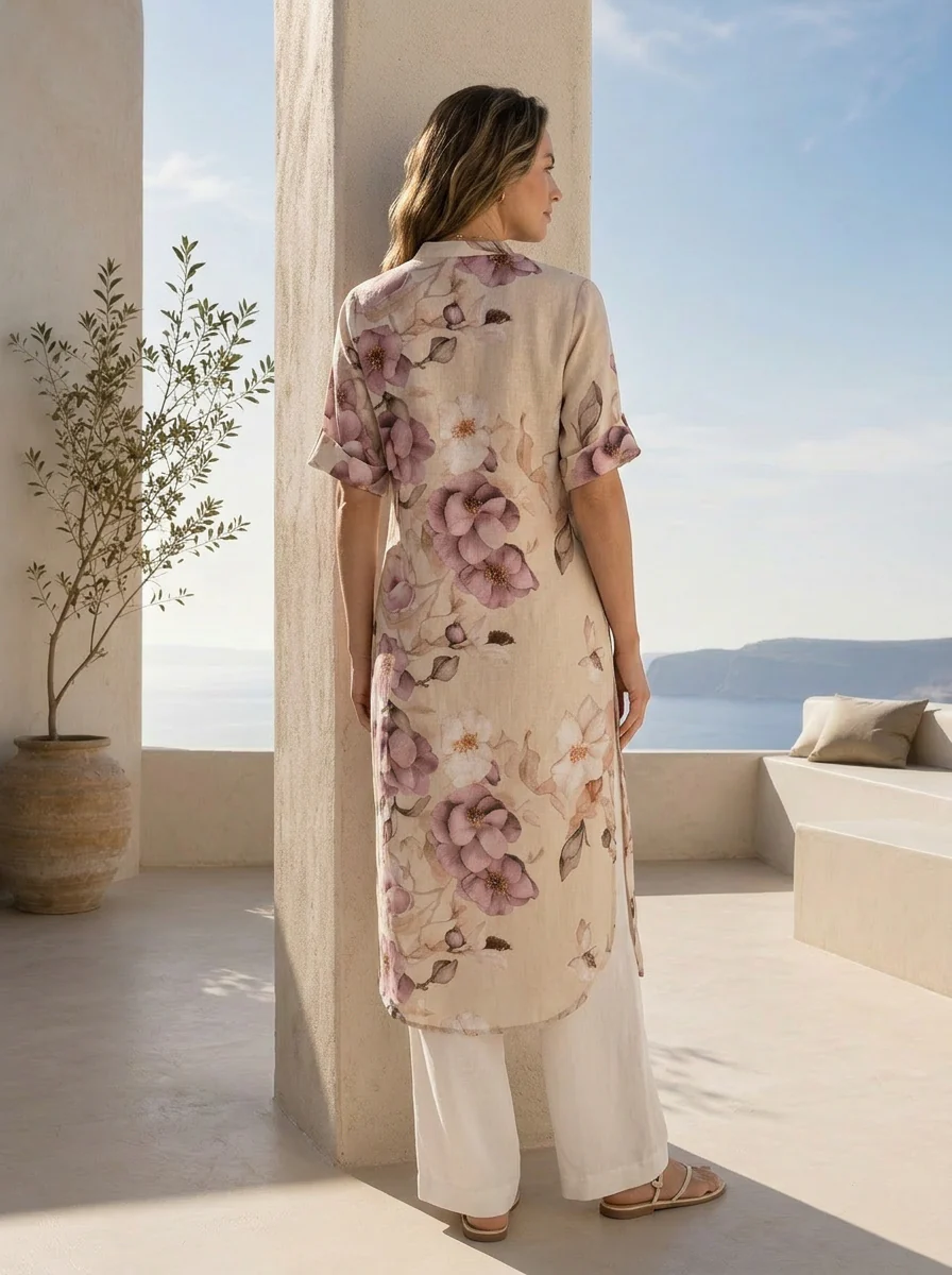 Beige Floral Printed Linen Kurta - Image 2