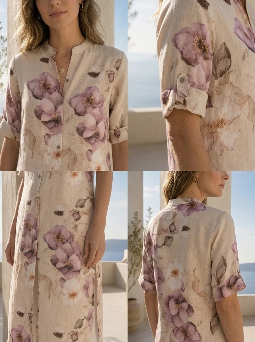 Beige Floral Printed Linen Kurta - Image 5