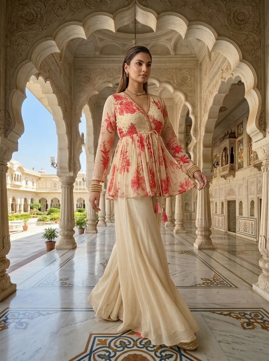 Beige Georgette Heavy Sequins And Beads Embroidered Kurti And Palazzo Set - Image 2