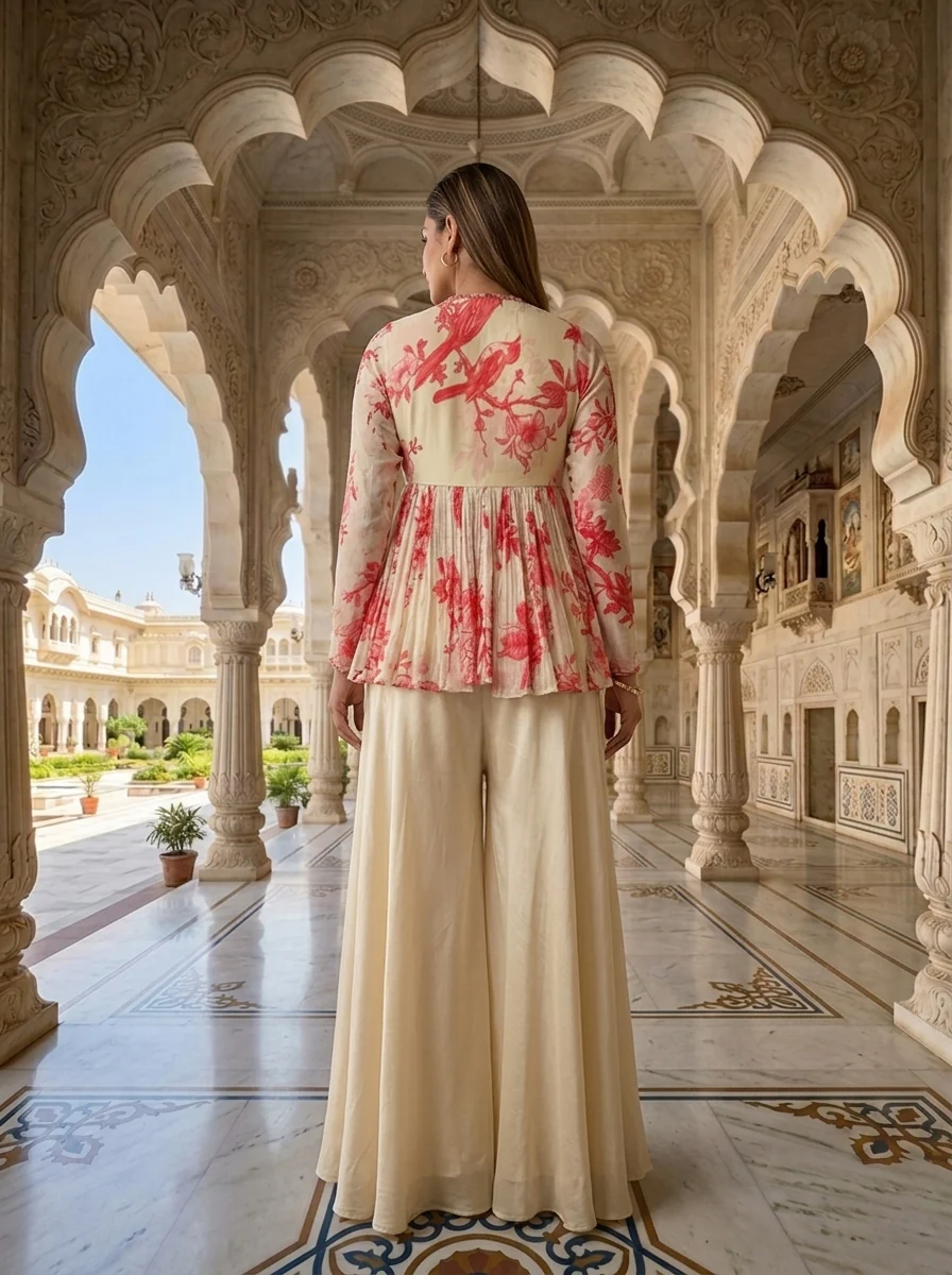 Beige Georgette Heavy Sequins And Beads Embroidered Kurti And Palazzo Set - Image 3