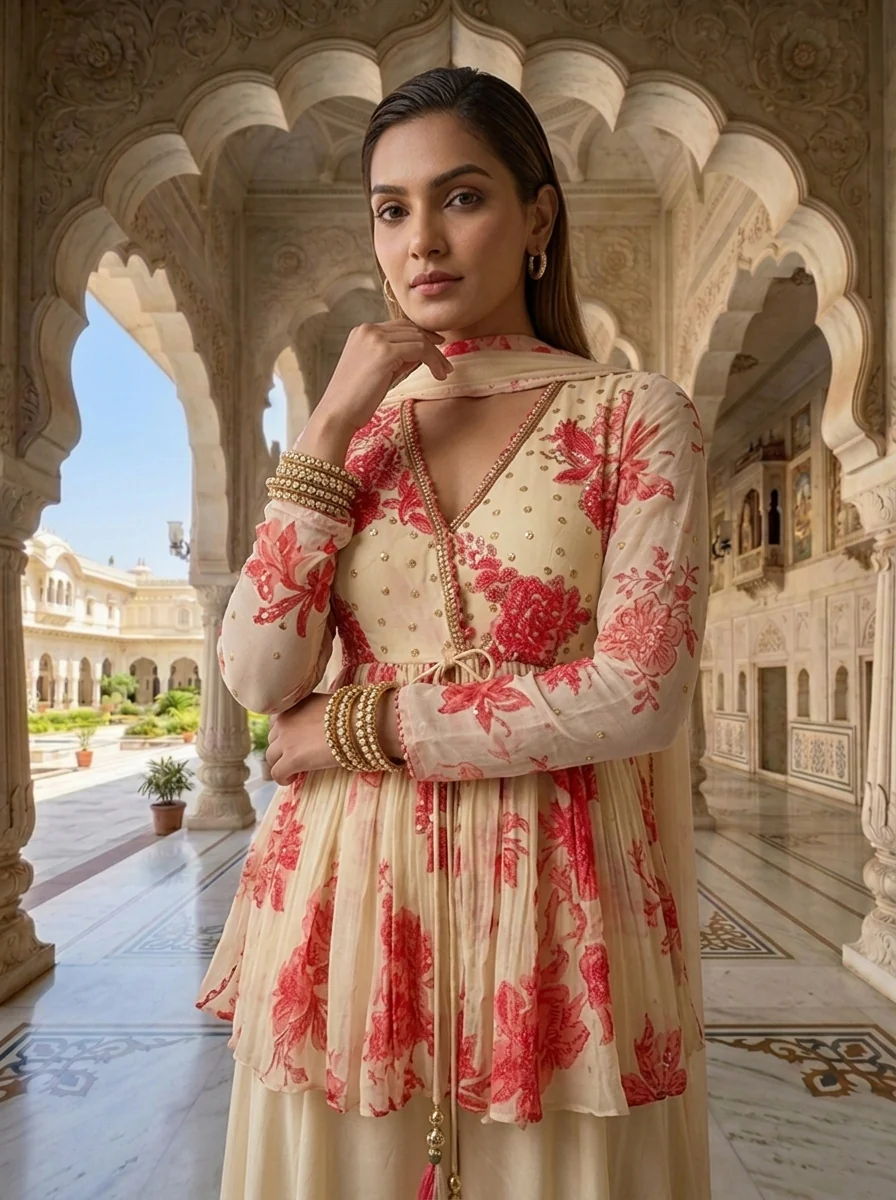 Beige Georgette Heavy Sequins And Beads Embroidered Kurti And Palazzo Set - Image 4