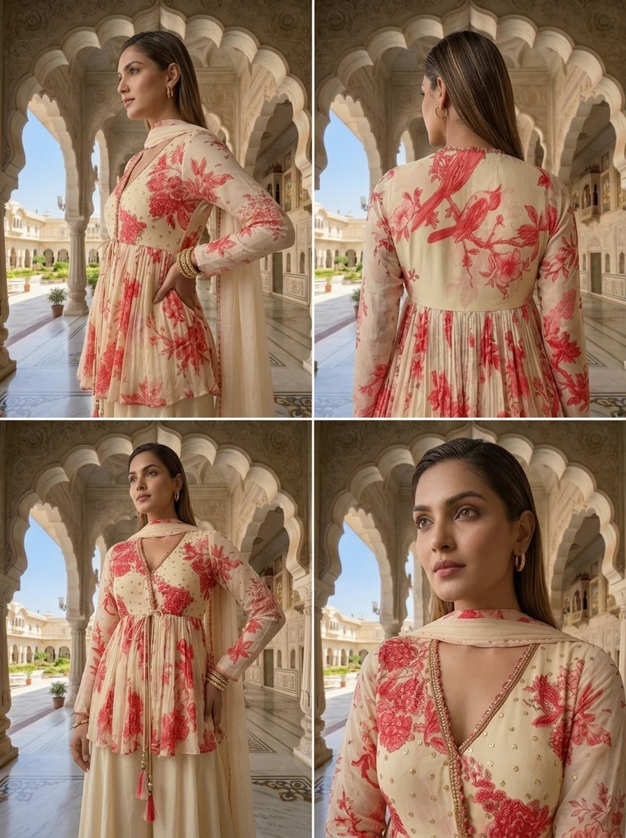 Beige Georgette Heavy Sequins And Beads Embroidered Kurti And Palazzo Set - Image 5