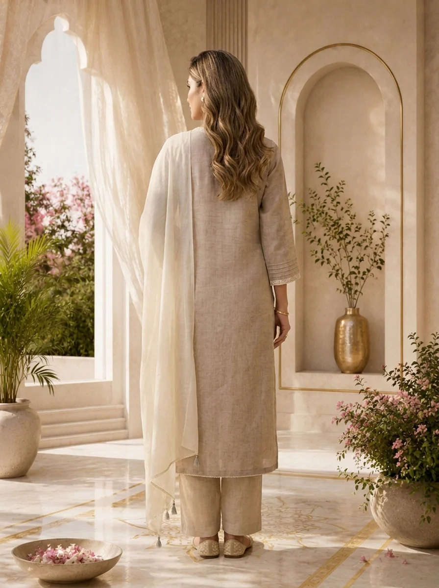 Beige Linen Floral Patch Embroidered Three Piece Set - Image 2