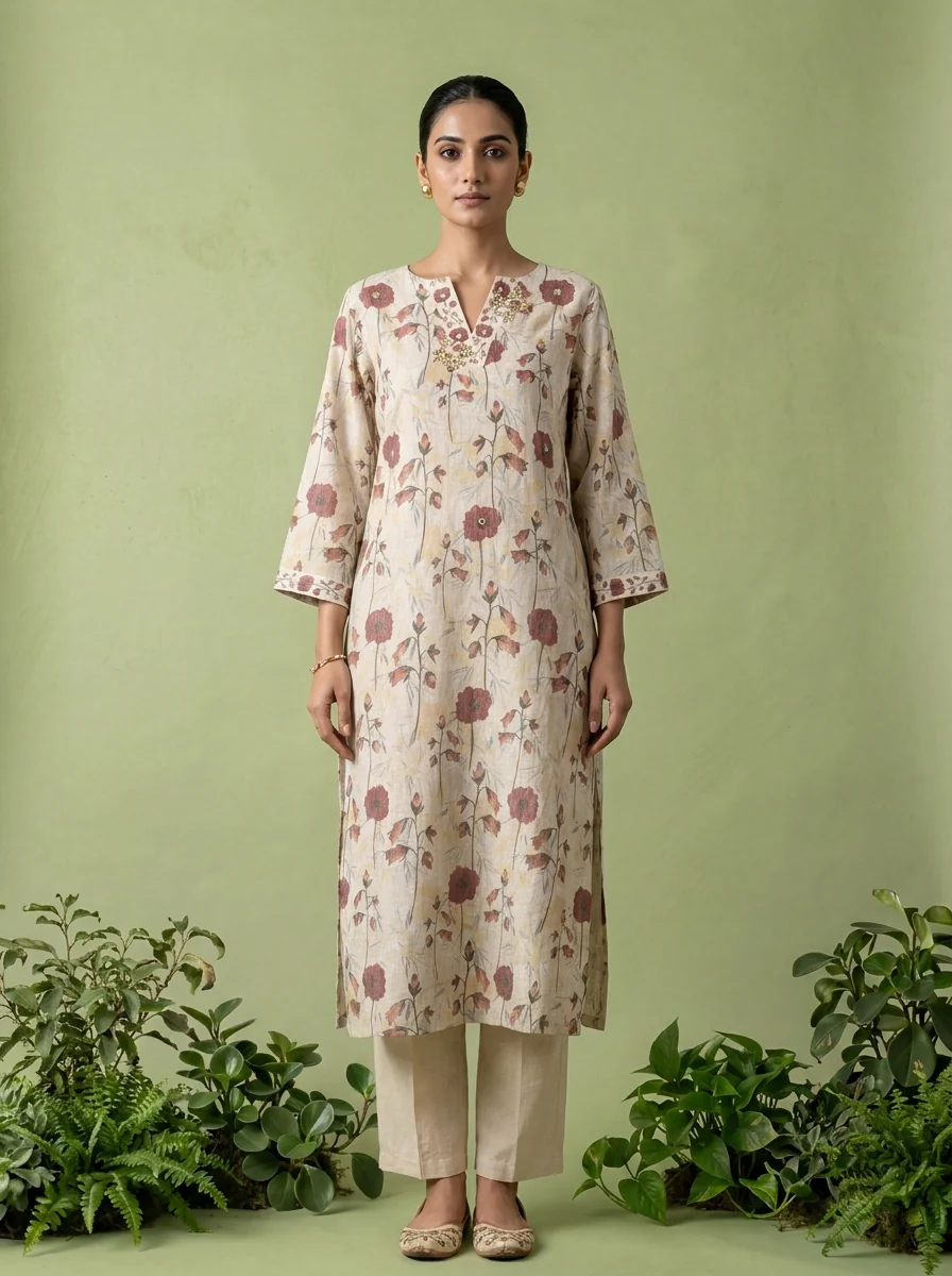 Beige Linen Mirror And Patch Embroidered Two Piece Set - Image 2