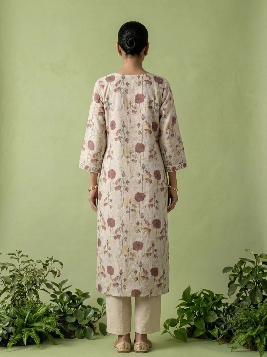 Beige Linen Mirror And Patch Embroidered Two Piece Set - Image 3