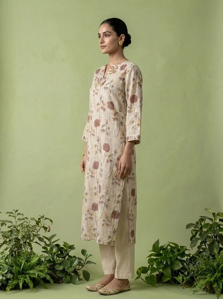Beige Linen Mirror And Patch Embroidered Two Piece Set - Image 4