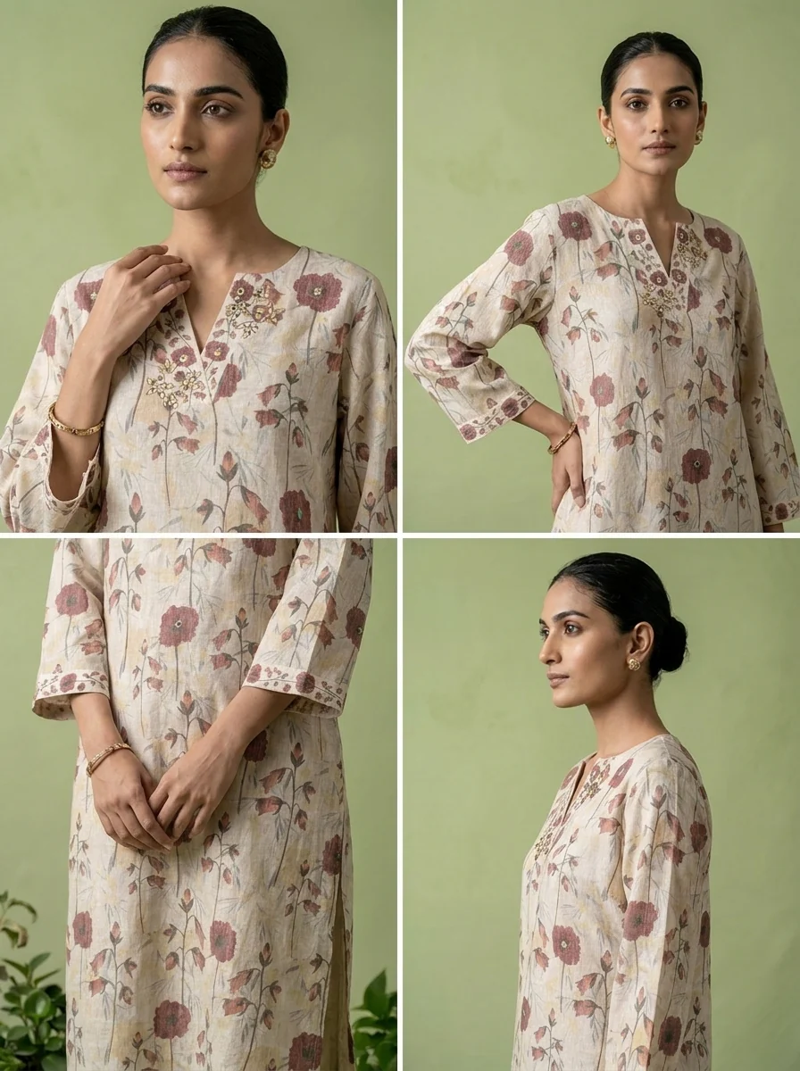 Beige Linen Mirror And Patch Embroidered Two Piece Set - Image 5