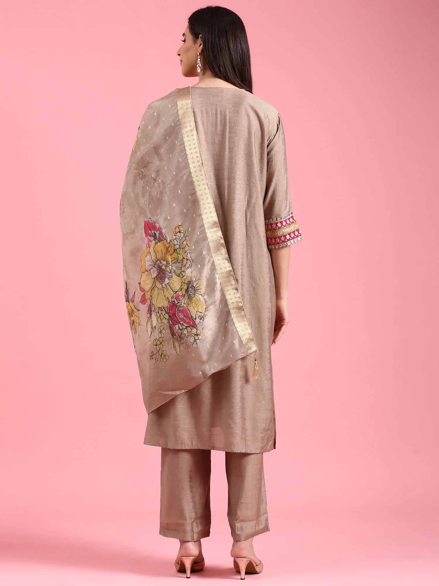 Beige Modal Silk Three Piece Suit Set - Image 3