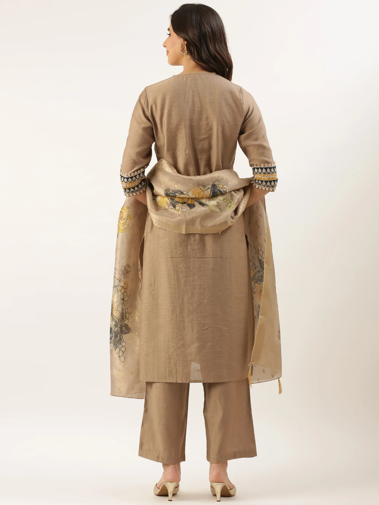 Beige Modal Silk Three Piece Suit Set - Image 4