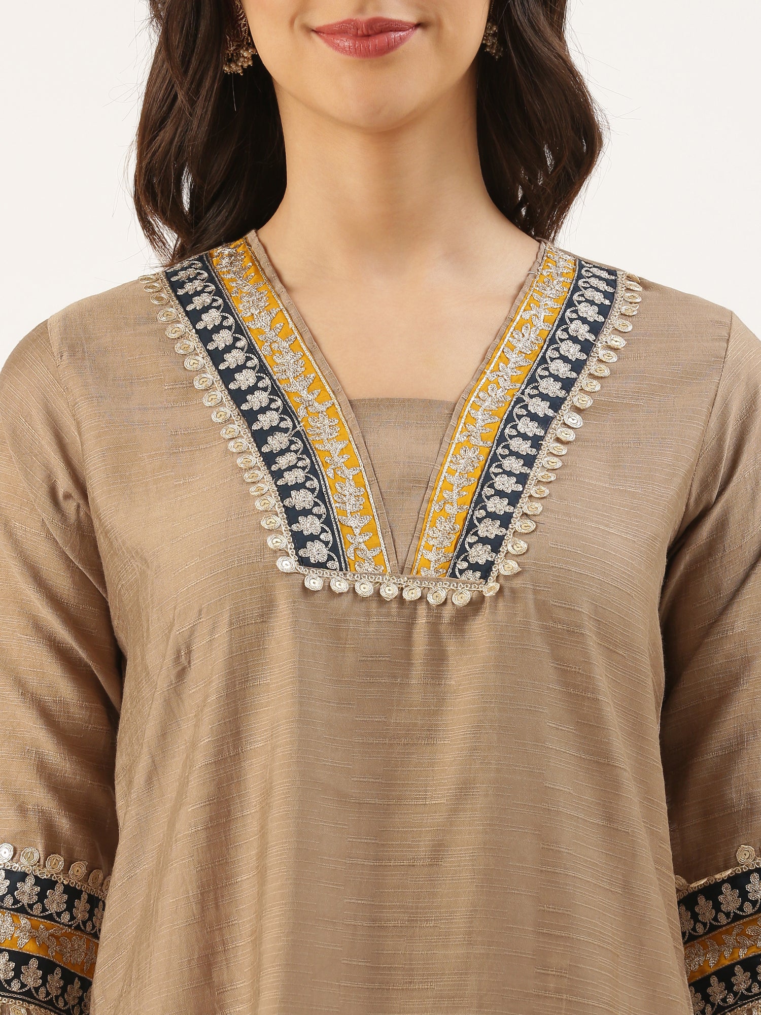 Beige Modal Silk Three Piece Suit Set - Image 5