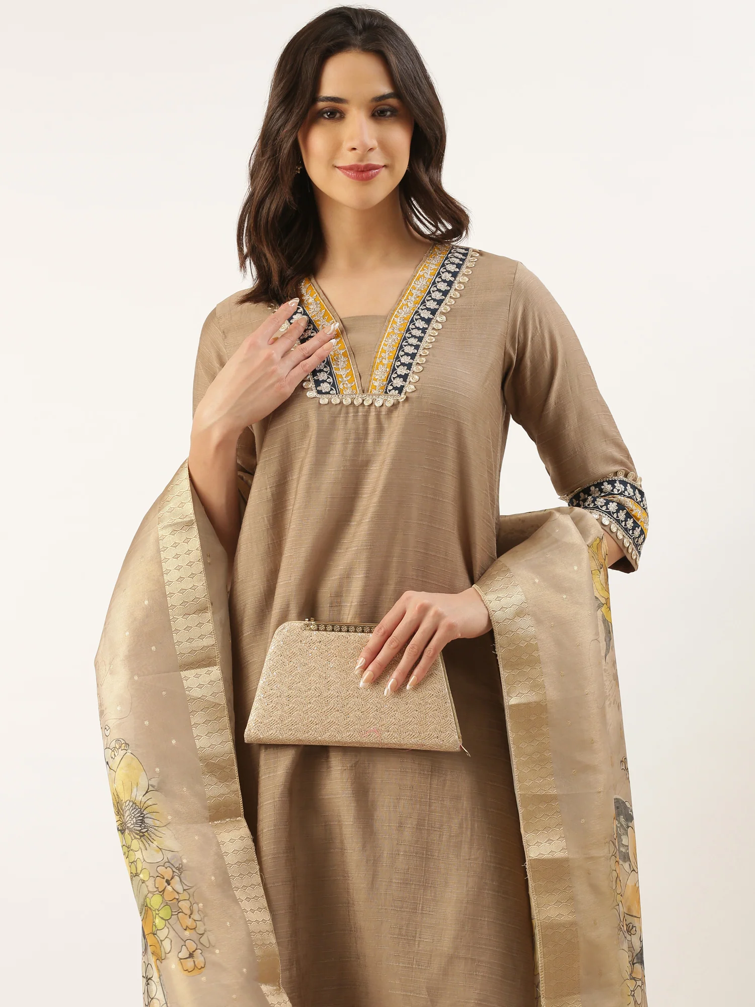 Beige Modal Silk Three Piece Suit Set - Image 6