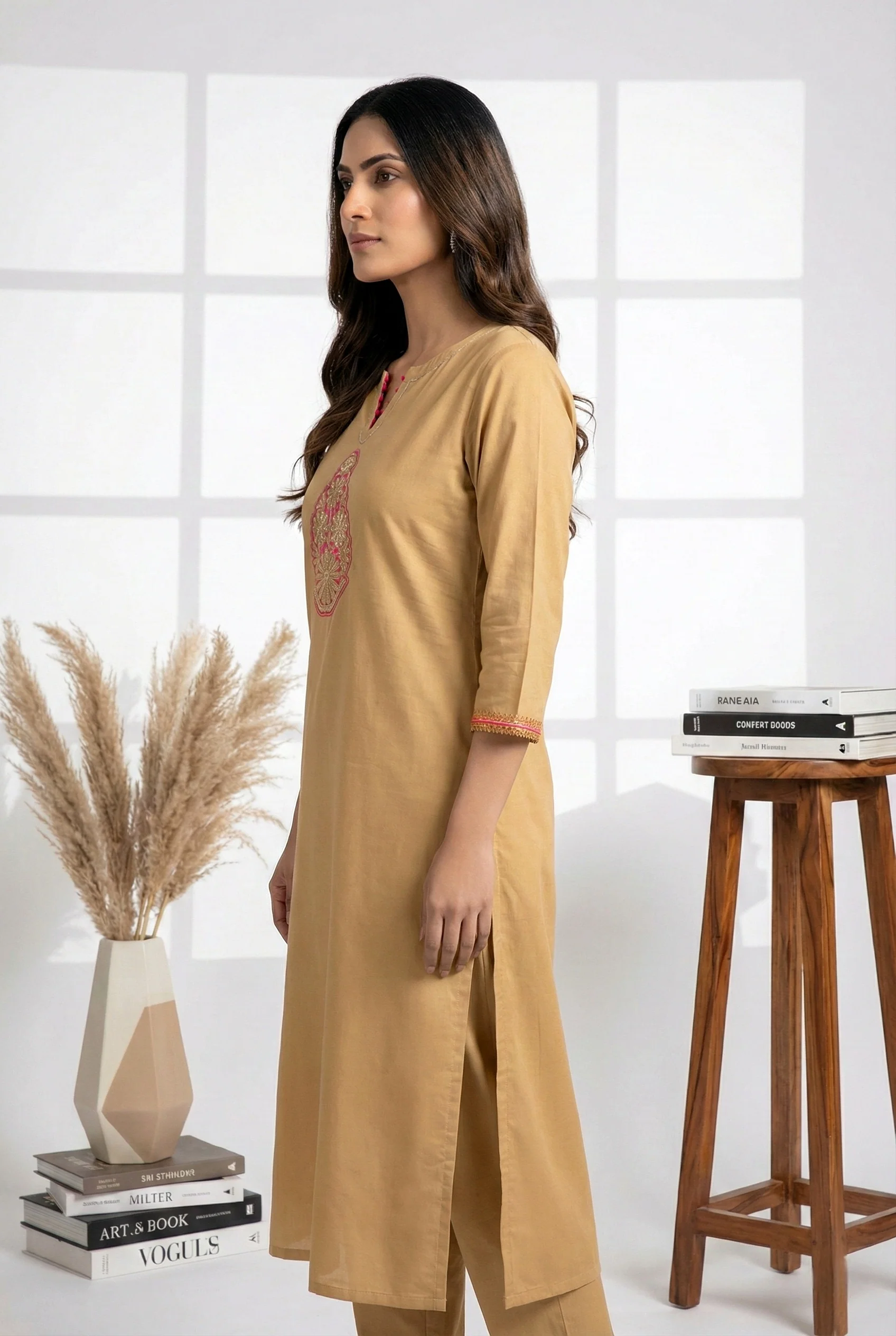 Beige Muslin Hand Embroidery Kurta - Image 2