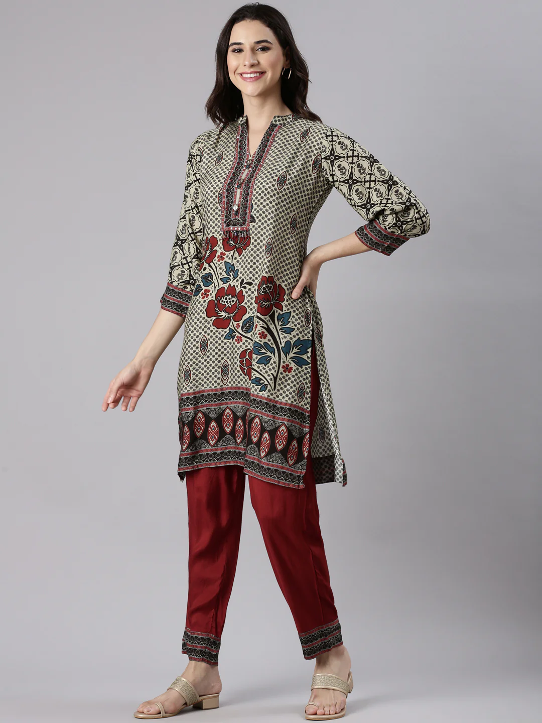 Beige Muslin Printed Two Piece Set - Image 2