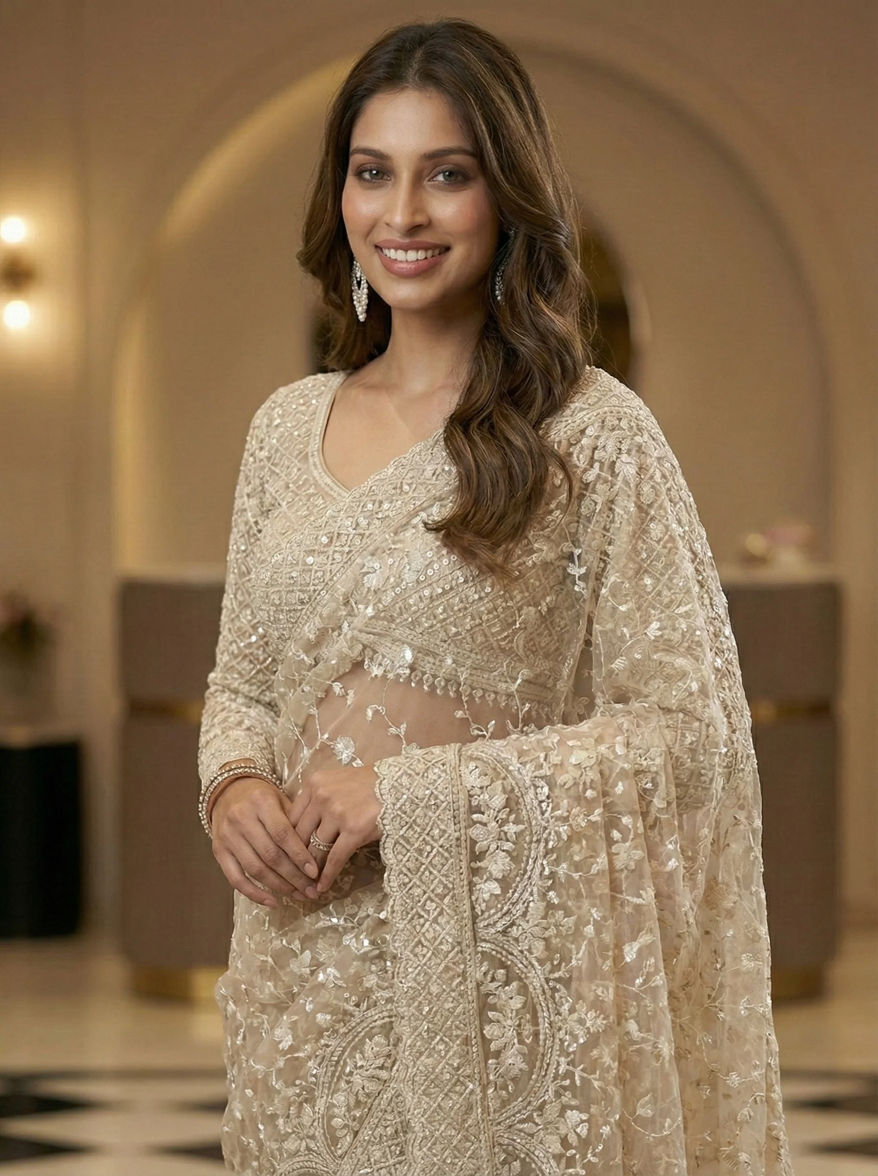 Beige Net Heavy Hand Embroidery Saree With Readymade Blouse - Image 2