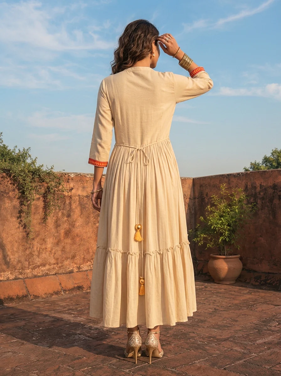 Beige Rayon Monotone Thread Embroidery Dress - Image 2